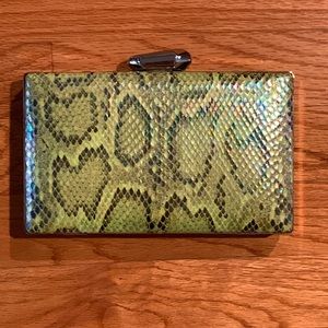 Lime green snake print minaudiere clutch